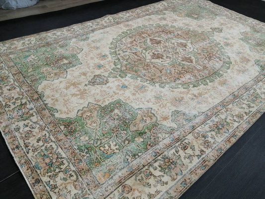 OUSHAK RUG Persian Rug 6.8 x 10.4 TURKISH  Rug Vintage Wool Rug Muted Vintage Oriental Rug Wool Oushak Rug Hand Made Rugs Green Vintage Rug