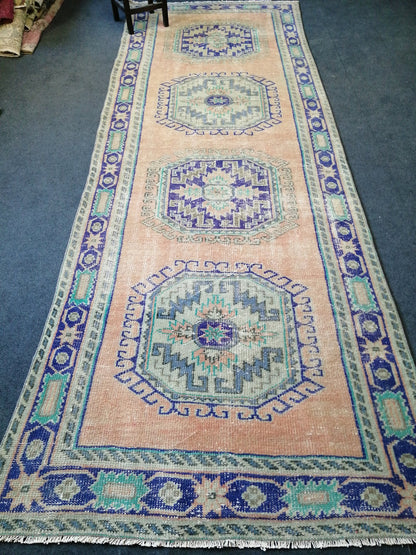 11.8 x 4 Oushak Runner Rug Turkish Runner Rug Blue Vintage Runner Rug Hallway Runner Rug Kitchen Runner Rug Wool Runner Rug Wool Oushak Rug