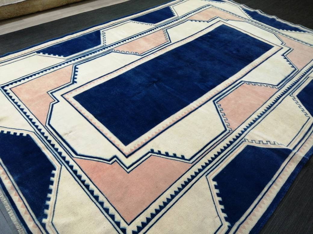 Vintage Rug,  Navy Unique Pattern Rug 6.8 x 9.8 Oushak Rugs, 7x10 Rugs,Turkish Rugs Navy Blush Green Rugs, Oriental Rug, Fine Rugs