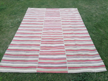 7 x 9 Handmade flatweave kilim rug  stripe wool rug, woven rug, pastel turkish kilim, muted flat_weaving rug