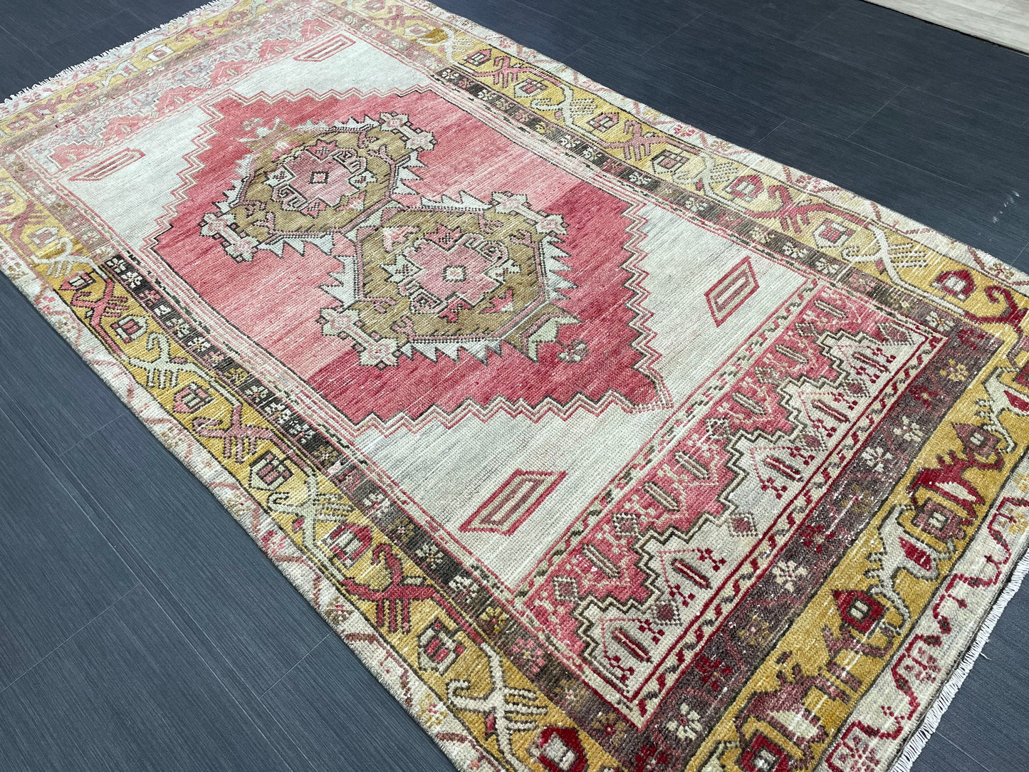 Vintage TURKISH Rug 3.7 x 6.7 Muted Rug Vintage Oushak Wool On Wool Rug Vintage Runner Rug Wool Rug Hand Made Rugs Vintage Turkish Rug