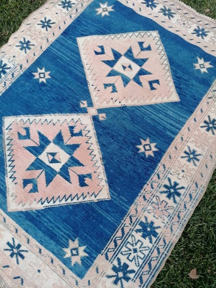 Oushak turkish rug, blue vintage wool rug, 4'5x5'7 vintage hand made wool rug, living room rug, bohemian rug
