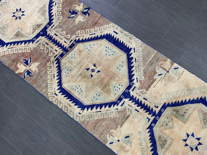 Muted Vintage Runner Rug 2.8 x 11.4 Muted Turkish Runner Star Rug Navy Oushak Runner Rug Hallway Runner Kitchen Runner Rug Wool Runner