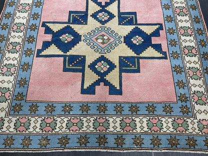 Turkish Rug Vintage 6.6 x 9.8 Rug Antique Rug Vintage Blue Pink Rug Wool
