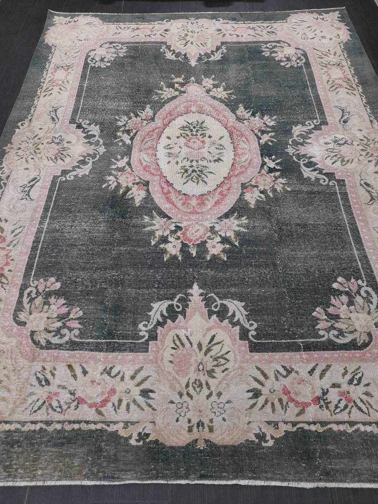 Vintage RUG  Hunter Green and Light Pink Antique Rug Vintage Wool 7.3 x 10 Oriental Rug Hand Made Rug Hand Knotted  Rug Wool on wool Rug