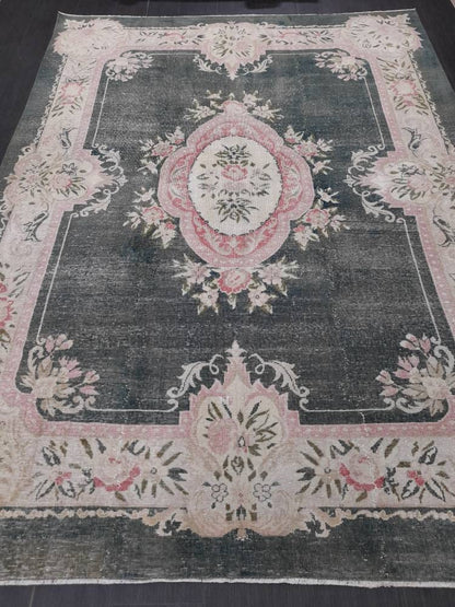 Vintage RUG  Hunter Green and Light Pink Antique Rug Vintage Wool 7.3 x 10 Oriental Rug Hand Made Rug Hand Knotted  Rug Wool on wool Rug