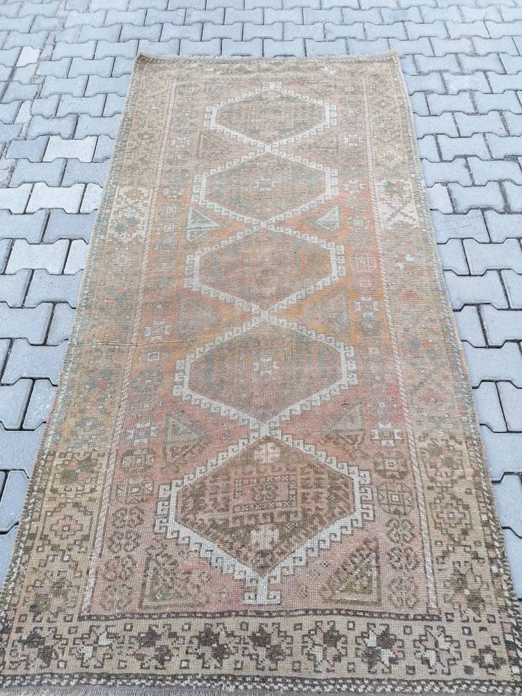 4'2x8'3 oushak wool runner rug, vintage turkish runner, hallway handmade runner, kitchen runner rug