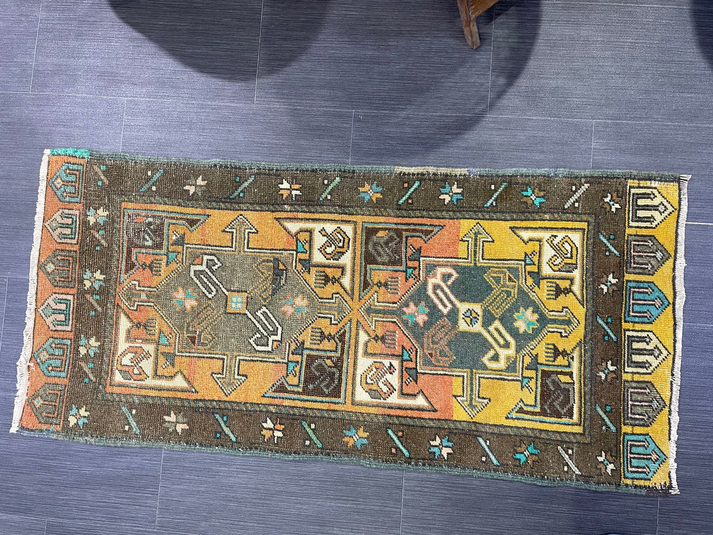 Hand Knotted Runner Rug, Vintage 2 x 4.4 Runner Rug,Handmade Short Runner Rug,Bathroom Runner Rug, Antique Runner Rug, Vanity Runner Rug