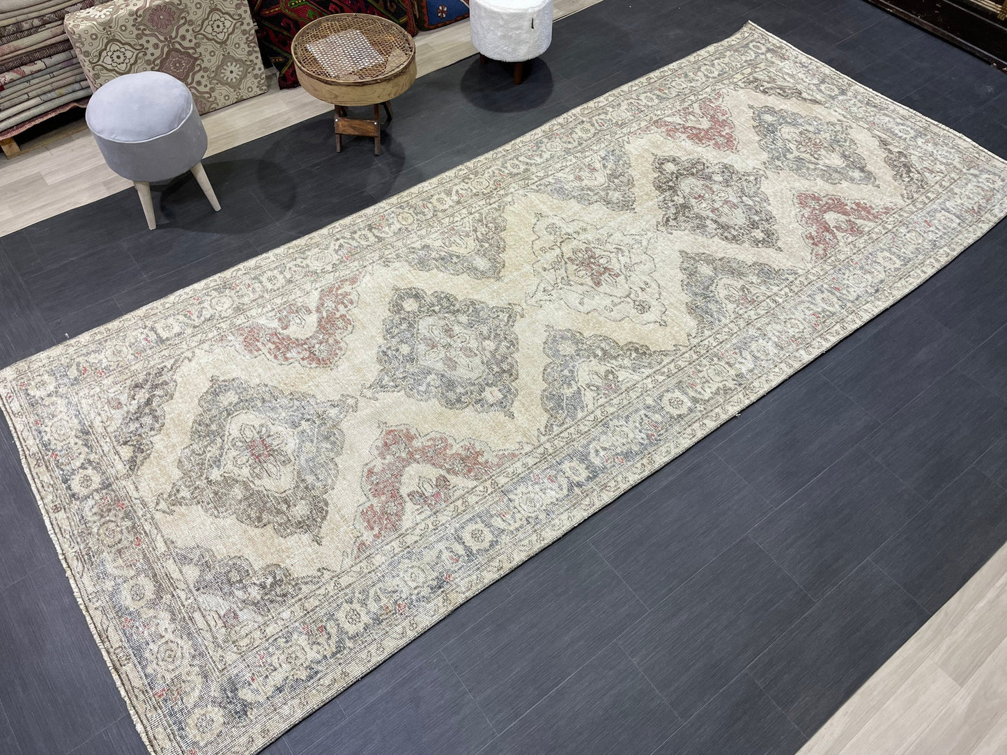 Vintage Runner 4.9 x 12.7 Rug, Turkish Runner Rug, Faded Distressed Runner Rug,Hallway Runner Rug Neutral Kitchen Runner Rug