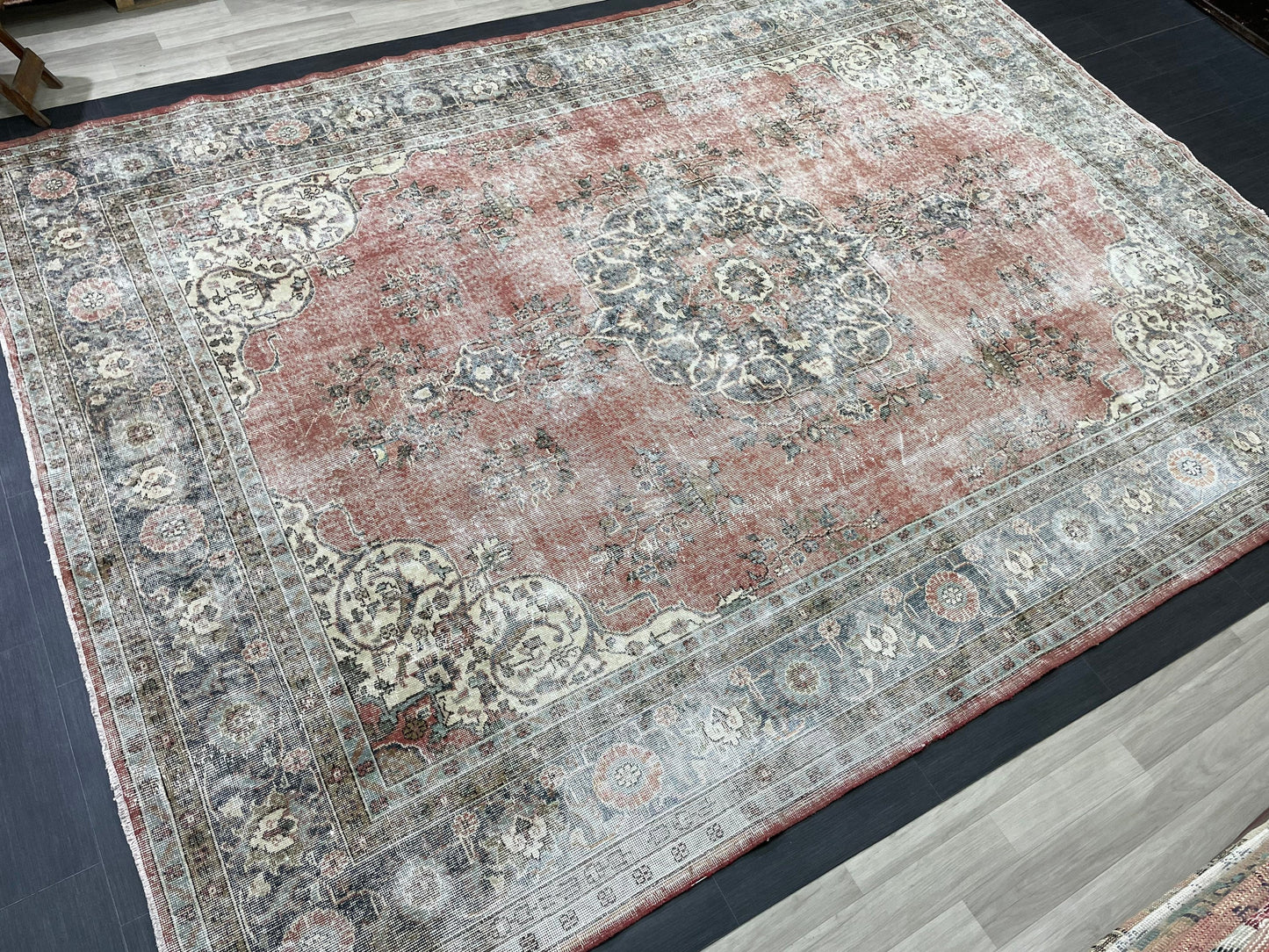 Muted OUSHAK RUG  TURKISH 8.8 x 12 Rug Distressed Vintage  Rug Wool Hand Knotted Rug Large Handmade Rug 8x11 Vintage Turkish 9x12 Rug
