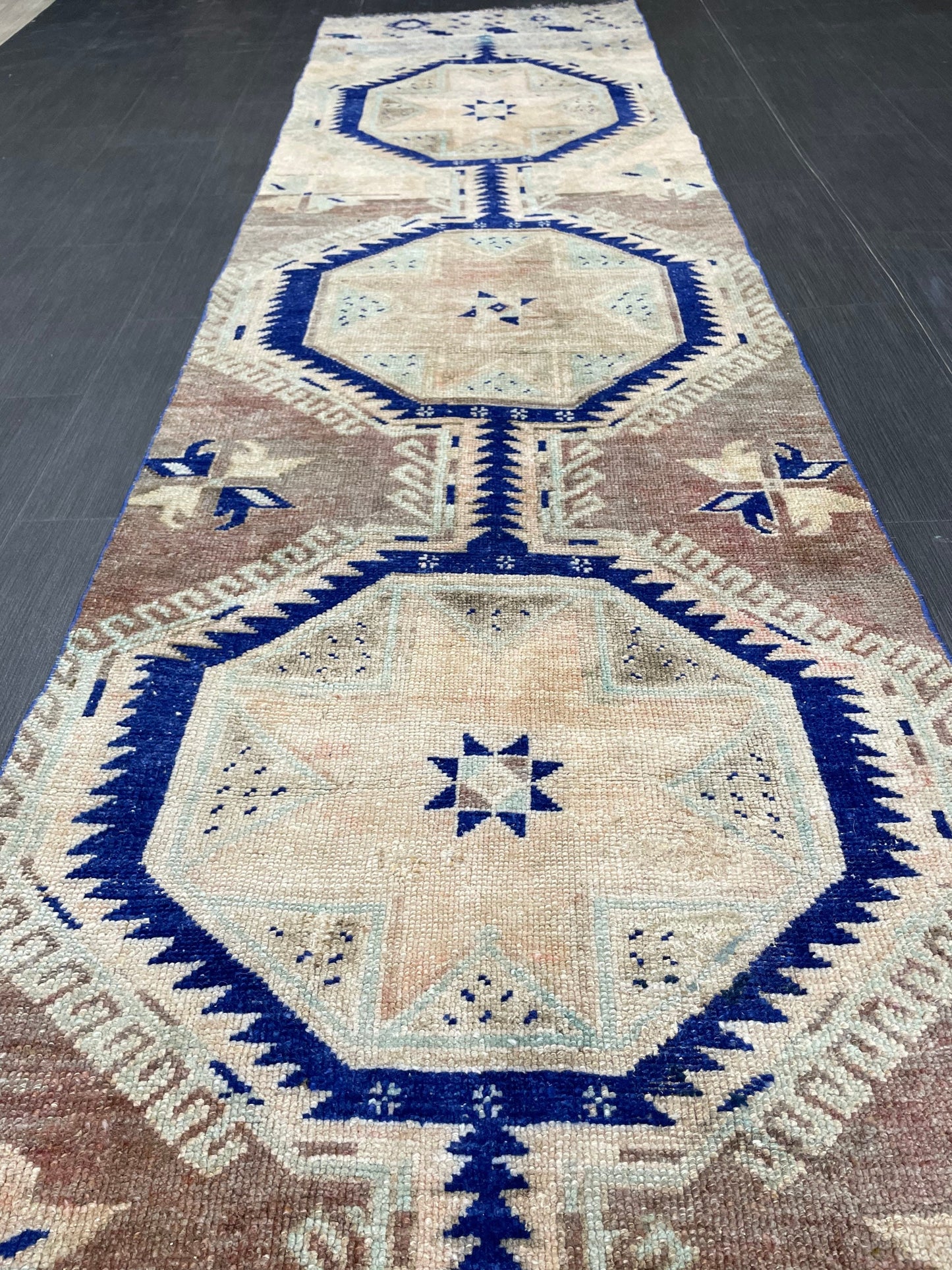 Muted Vintage Runner Rug 2.8 x 11.4 Muted Turkish Runner Star Rug Navy Oushak Runner Rug Hallway Runner Kitchen Runner Rug Wool Runner