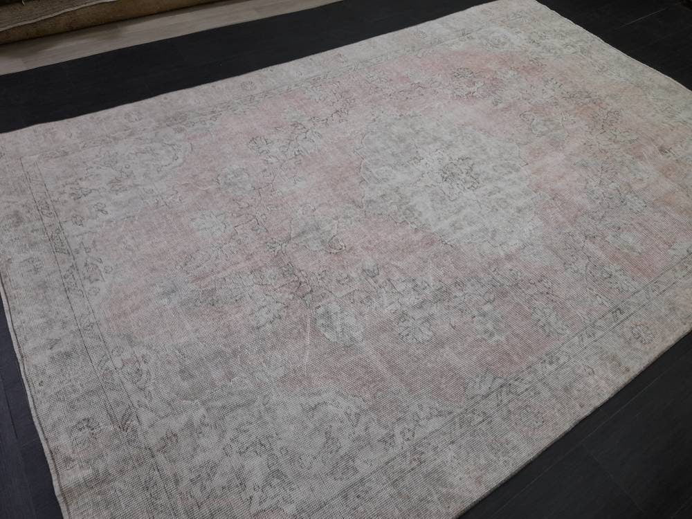 WOOL Distressed RUG 6.5 x 10 Turkish Oushak Rug Large Vintage Rug Tint of Pink Vintage Hand Made Persian Rug Muted Vintage Turkish Rug 7x10