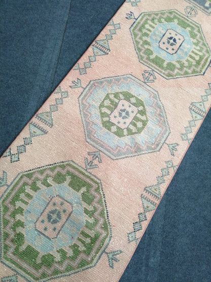 2.3 x 11.2 Oushak Runner Turkish Runner Rug Vintage Runner Rug Hallway Runner Rug Turkish Rug Runner Wool Runner Rug Green and Pink Runner