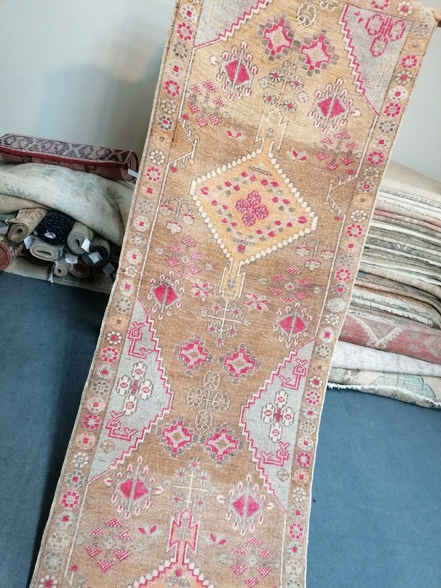 Oushak wool runner 2'10x15'8 long vintage runner, hallway handmade runner