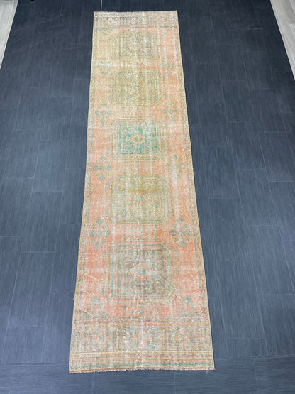 Turkish Runner Rug 3 x 11.4 Distressed Handmade Runner Rug Vintage Runner Rug Vintage Runner Rug Hallway Runner Rug Wool Kitchen Runner