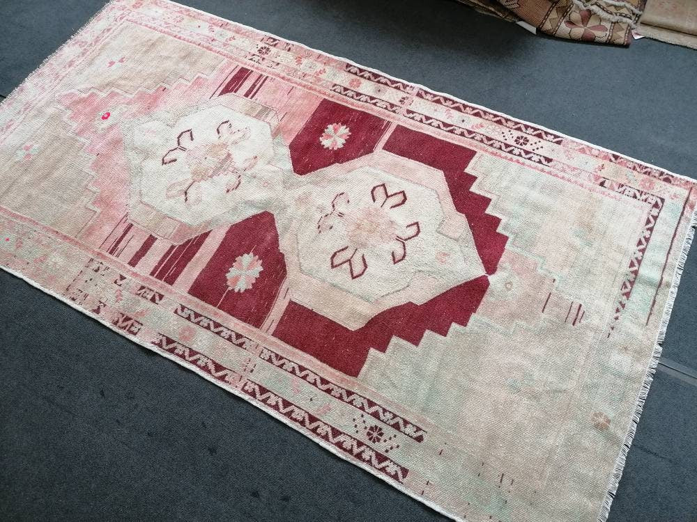 4'9x9 oushak turkish rug, pastel turkish rug, vintage hand made wool runner hallway vintage rug,kitchen runner rug