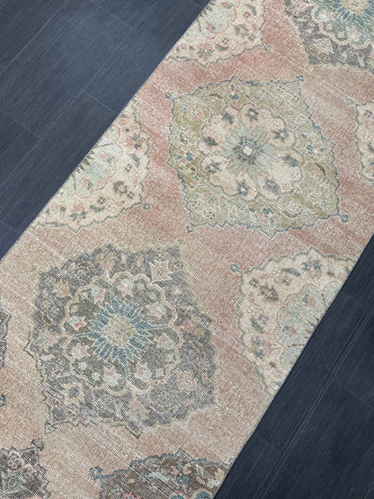 Distressed Runner Rug Muted Turkish Runner 3 x 13.2 Rug  Pink Vintage Runner Rug Hallway Runner Rug Muted Persian Runner Rug Wool Runner
