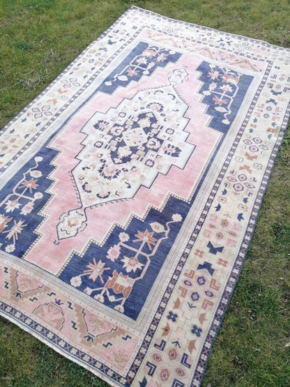 Vintage blue rug, large turkish oushak rug 6'1x9'6 living room rug, handmade wool rug