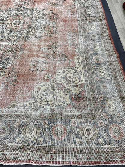 Muted OUSHAK RUG  TURKISH 8.8 x 12 Rug Distressed Vintage  Rug Wool Hand Knotted Rug Large Handmade Rug 8x11 Vintage Turkish 9x12 Rug