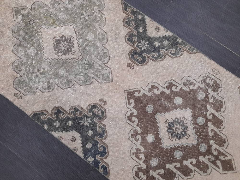 Muted Handmade Runner Rug Muted Turkish Runner Rug 3 x 12.6 Vintage Runner Rug Hallway Runner Rug Kitchen Runner Rug Pale Wool Oushak Runner