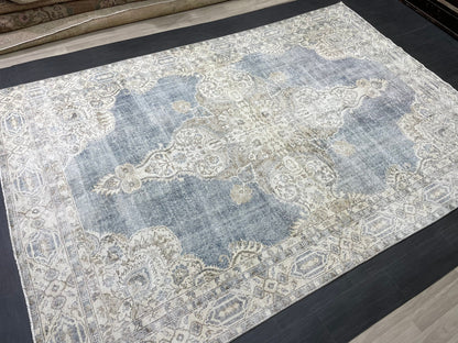 Denim Blue TURKISH HAND MADE Rug 7.7 x 11.5 Vintage Distressed Rug Oushak Rug   Traditional Rug Oriental Rug Vintage Floral Rug Wool Rug