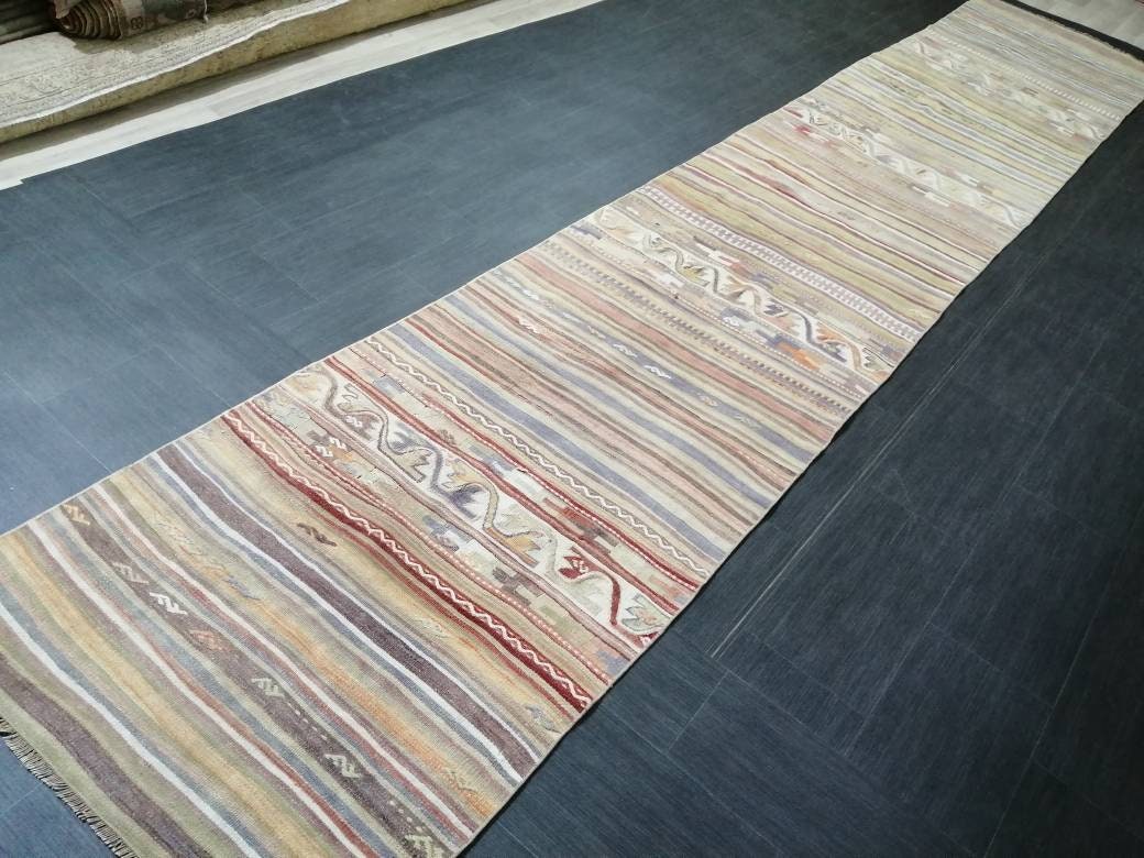 Vintage  Runner rug 2.9 x 15.4 Flat woven Runner Kilim Rug With Embroidery XL Oriental Runner Carpet, Vintage Kilim Rug Wool 3x16 Carpet Rug