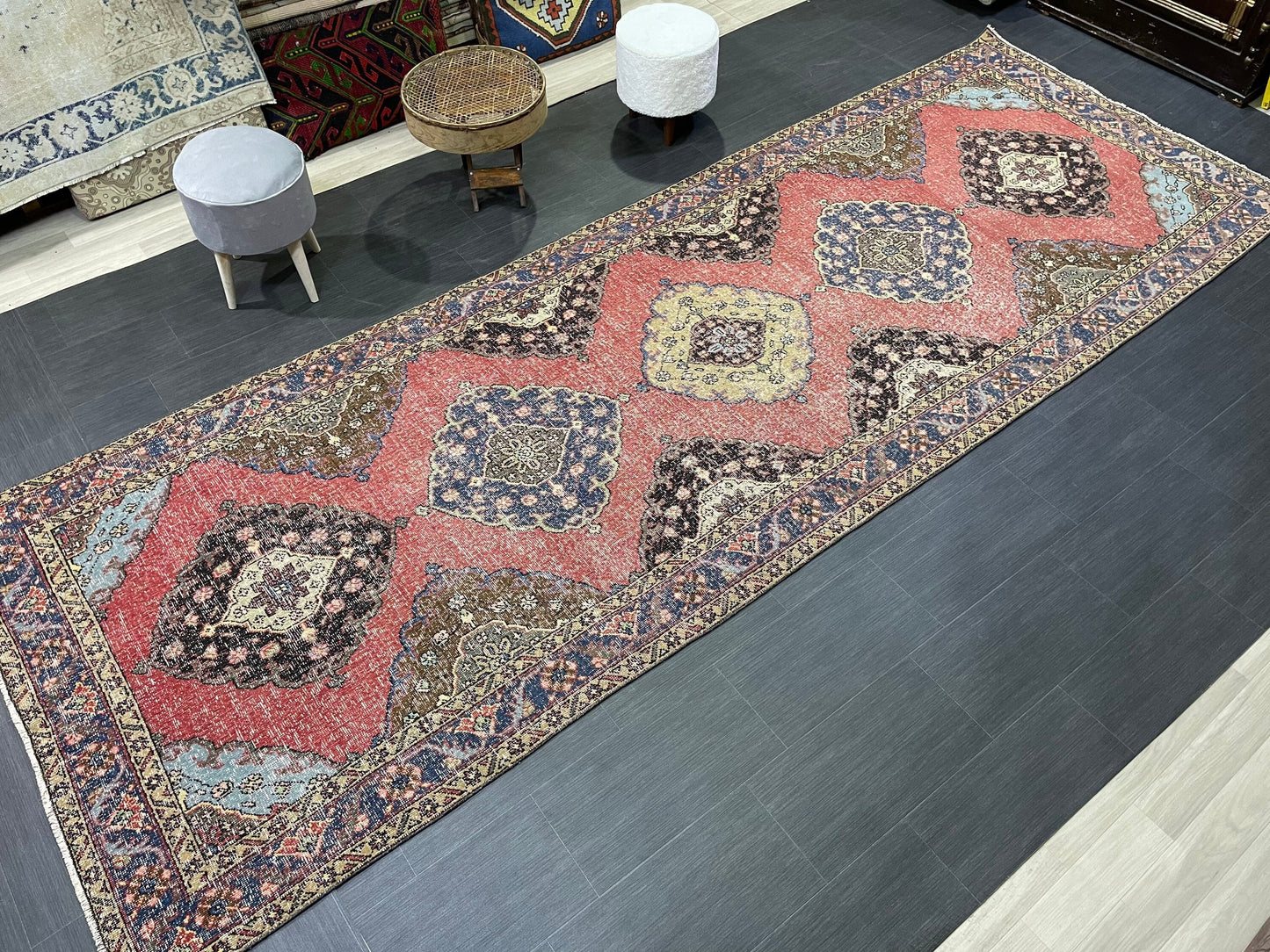 Turkish Runner Rug, Persian Distressed Runner 4.8 x 13.2 Rug, Vintage Runner Rug, Hallway Runner Rug,  Kitchen Runner Rug, Wool Runner Rug