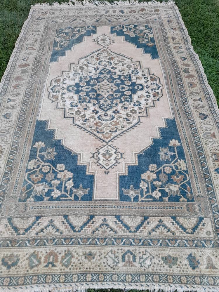 Muted TURKISH Rug Vintage Oriental Rug Vintage Persian Rug Blue OUSHAK RUG 6 x 10 Oushak Rug Hand Made Rug Vintage Excellent Condition Rug