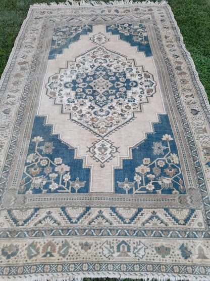 Muted TURKISH Rug Vintage Oriental Rug Vintage Persian Rug Blue OUSHAK RUG 6 x 10 Oushak Rug Hand Made Rug Vintage Excellent Condition Rug