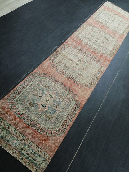 2.4 x 10.9 Distressed Oushak Runner Rug Turkish Runner Rug Vintage Runner Rug Hallway Runner Rug Kitchen Runner Rug Wool Runner Rug Wool