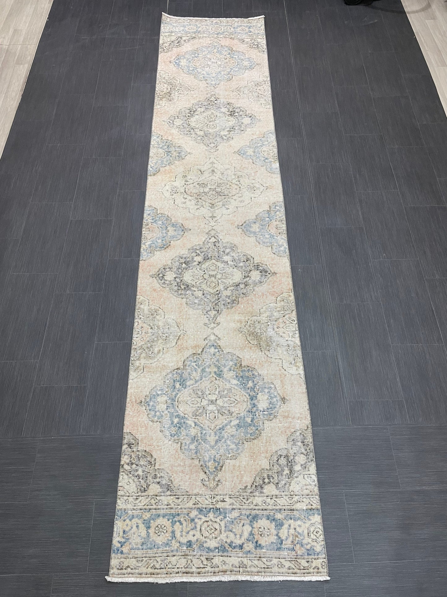 Muted Runner Rug 2.6 x 12.4 ft Turkish Runner Rug Vintage Runner Rug Hallway Runner Rug Faded Kitchen Runner Rug Wool Runner Rug Handmade