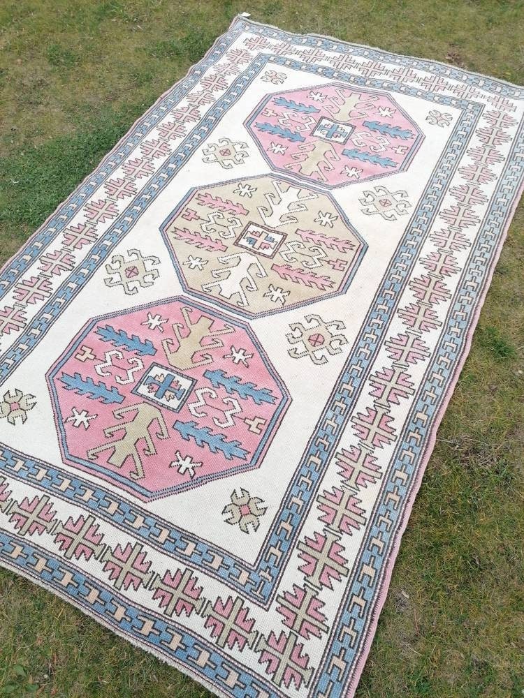 Bohemian pink color rug, pastel green oushak blue rug , turkish wool rug, handmade living room rug 5'9x9'5 feet