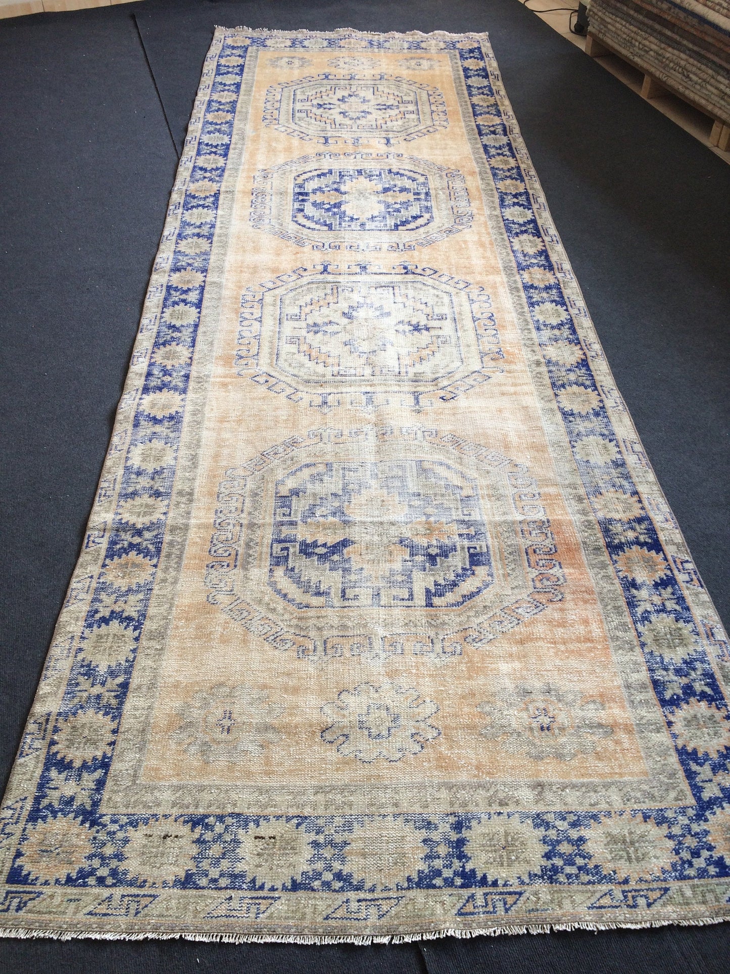 13.3 x 4.6 Oushak Runner Rug Turkish Runner Rug Vintage Runner Rug Hallway Runner Rug Kitchen Runner Rug Wool Runner Rug Wool blue dyes