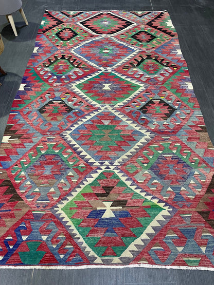 Vintage Handmade 5 x 9.4 Rug, Flatwoven Oushak Rug, Rustic Rug, Flat Weave Rug, Turkish KILIM Rug, Farmhouse Rug, Vintage Wool rug