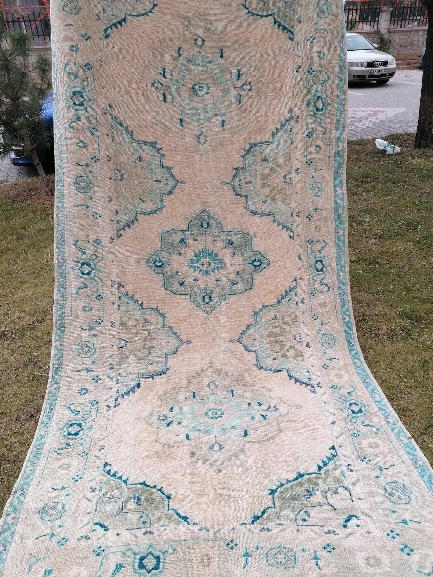 Oushak wool rug 5'4x10'8 long faded blue oushak runner rug vintage runner, hallway runner, kitchen runner rug