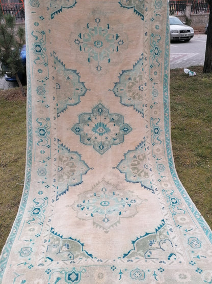 Oushak wool rug 5'4x10'8 long faded blue oushak runner rug vintage runner, hallway runner, kitchen runner rug