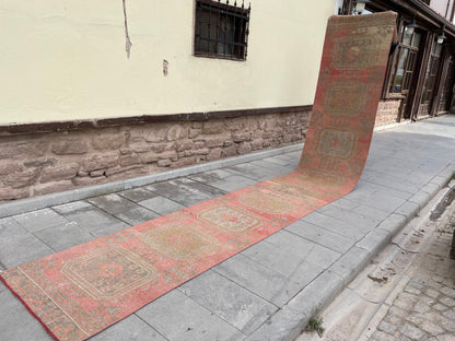 Wool Extra Long Turkish Runner Rug, Very Long Oushak Runner 2.7 x 18.9 ft Rug, Vintage Runner Rug, XL Handmade Runner Rug Staircase carpet