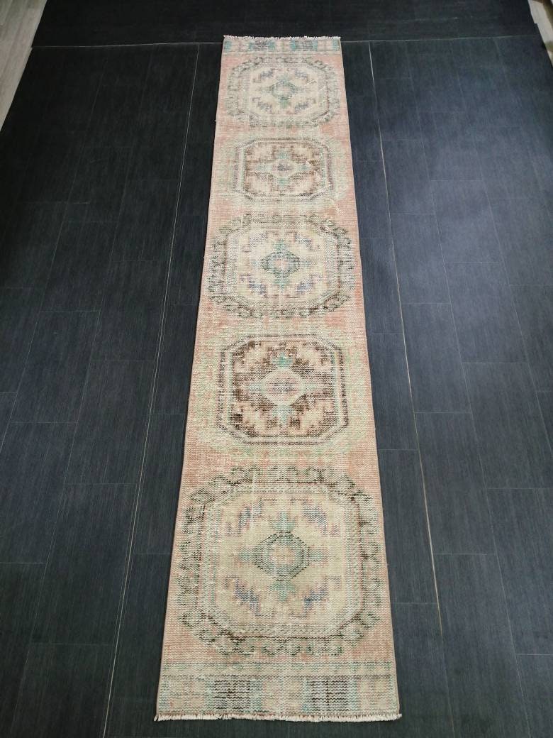 Muted Oushak Runner Rug 2.2 x 11  Vintage Runner Rug Distressed Hallway Runner Rug Turkish Kitchen Runner Rug Antique Wool Runner Rug