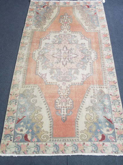 Pastel vintage rug, vintage handmade wool rug, oushak rug,rustic distressed rug 4x7'7  feet