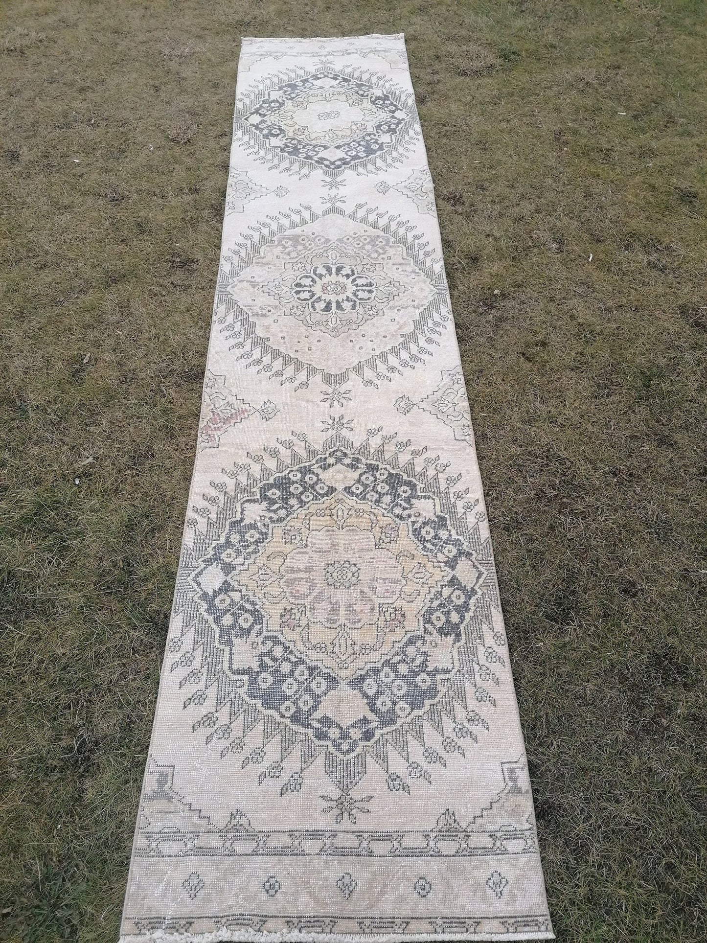 2'9x13 vintage hallway runner rug, neutral oushak runner rug, handmade runner, kitchen runner