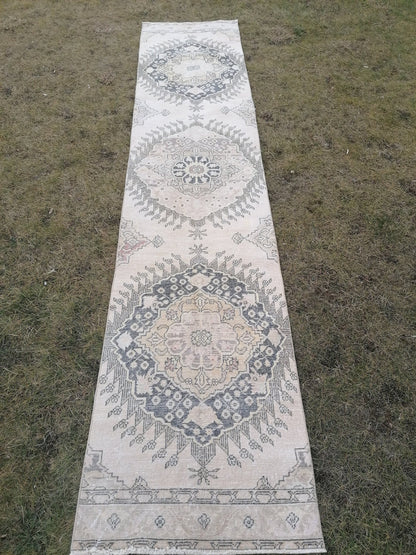 2'9x13 vintage hallway runner rug, neutral oushak runner rug, handmade runner, kitchen runner