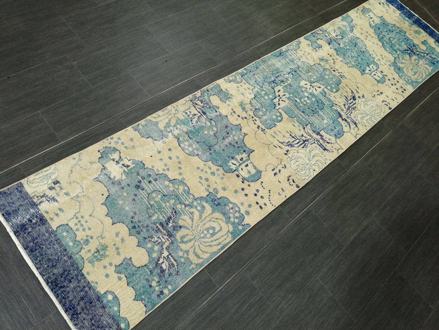 Oushak Runner Rug 10.5 X 2.5  Turkish Runner Rug Vintage Runner Rug  Beige and Blue Hallway Runner Rug Kitchen Runner Rug vinatgeturkish_rug