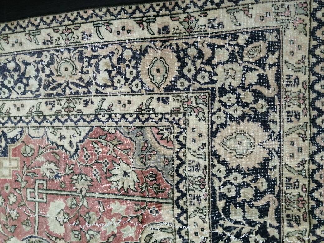 Muted Persian RUG 7.7 x 11 Turkish Oushak Rug Vintage Antique Rug Vintage Blue Pink Rug Wool Muted Oriental Rug Hand Made Rug
