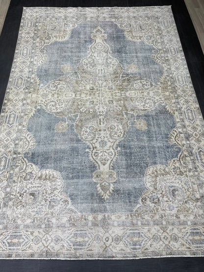 Denim Blue TURKISH HAND MADE Rug 7.7 x 11.5 Vintage Distressed Rug Oushak Rug   Traditional Rug Oriental Rug Vintage Floral Rug Wool Rug