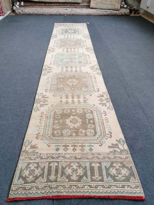 11'2x2'2 muted soft colors rug,vintage turkish rug,oushak vintage rug,kitchen rug,vintage anatolian bohemian rug