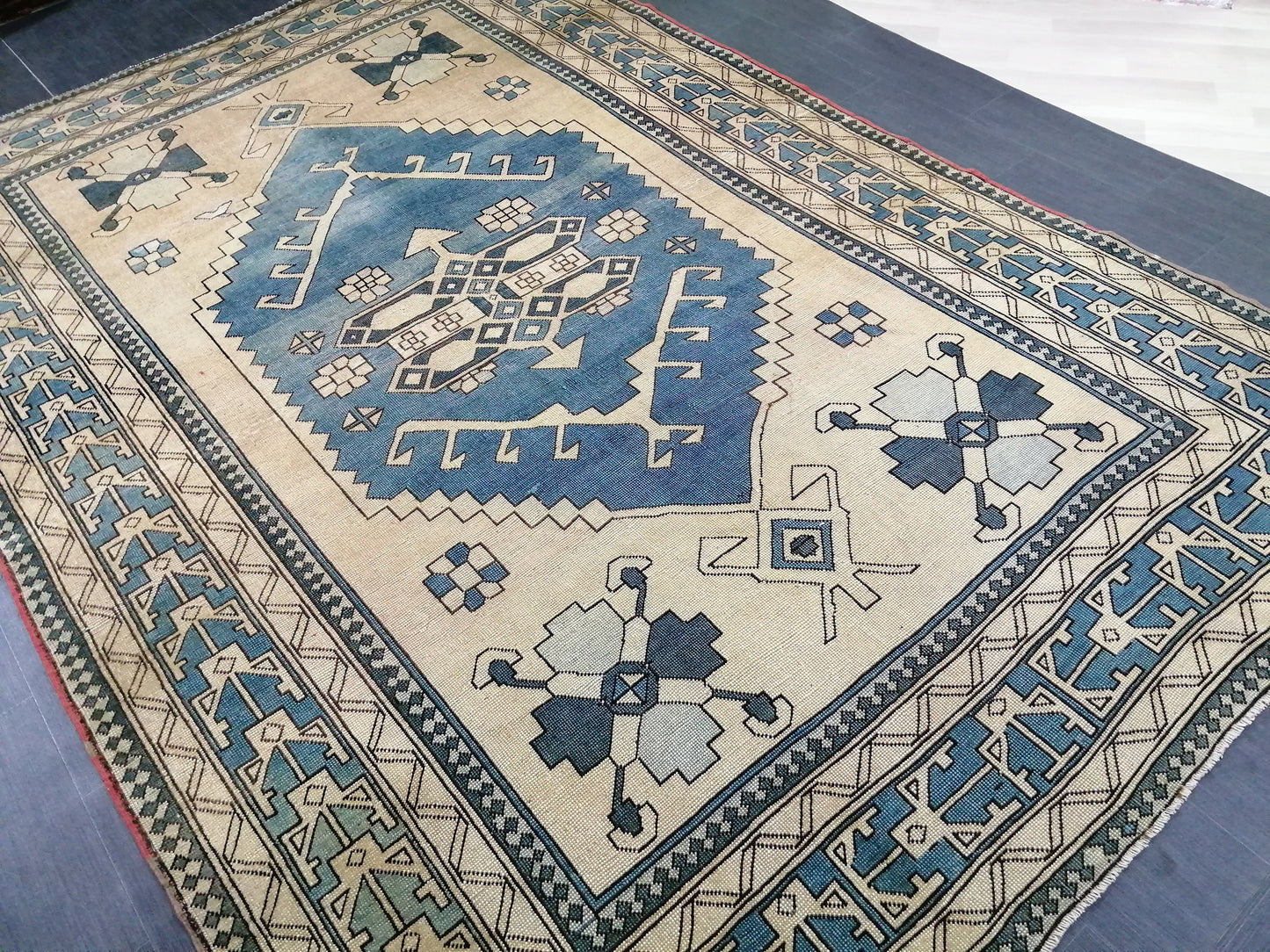 Blue Vintage Rug 7.2 x 10.6 Authentic Turkish Oushak Rug Hand Knotted Rug Rustic Rug, Wool Turkish Rug 7x10 Rug, Beige Oriental Rug 7x11 rug