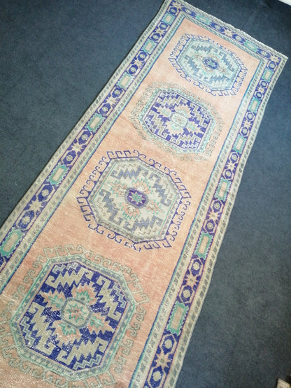 11.8 x 4 Oushak Runner Rug Turkish Runner Rug Blue Vintage Runner Rug Hallway Runner Rug Kitchen Runner Rug Wool Runner Rug Wool Oushak Rug