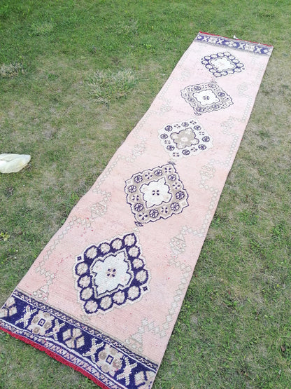 2'7x11 runner rug, vintage wool runner,pink runner rug, blue hallway runner rug kitchen runner rug wool runner rug