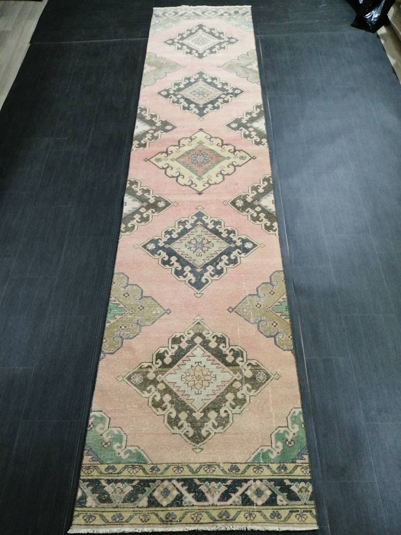 Muted Vintage Runner Rug 2.9 x 13 Vintage Persian Runner Rug Distressed Hallway Runner Rug Turkish Kitchen Runner Rug Antique Wool Runner