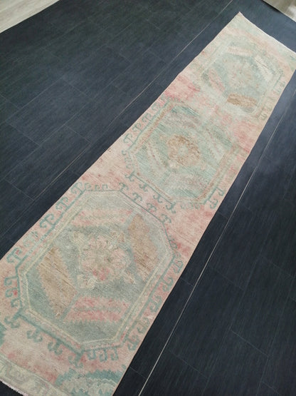 Vintage Runner Rug, 10.9 x 2.4 Turkish Runner, Oushak runner, Rustic Rug, Vintage Turkish Rug, Turkish Rug Runner, Farmhouse Rug,Vintage Rug